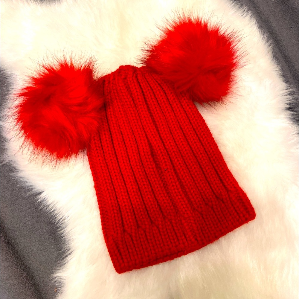 Red Knit Bunny Pom Pom Beanie
